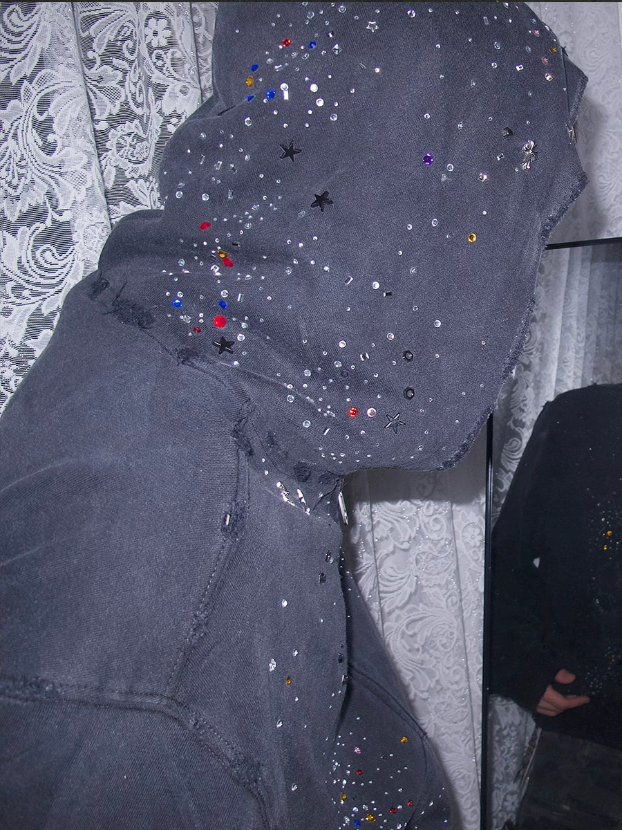 Distressed Rhinestone Zip Hoodie
