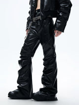 Black Loose Ruched Flare Leather Pants