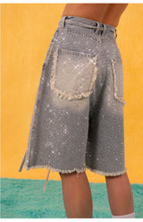 Blue Loose Rhinestone Frayed Denim Shorts