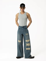 Men's Blue Distressed Riveted Straight Jeans