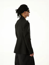 Black Wool Ribbon Pleated Waist-Tailored Blazer
