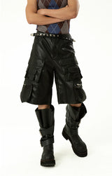 Men's Black Red PU Cargo Shorts
