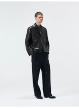 Short Stand Collar Cowhide Leather Jacket