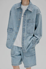 14Oz Washed Denim Asymmetric-Pocket Shirt Jacket