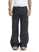 High-Density Embroidery Flared Raw Denim Jeans