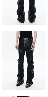 Slim Curved Leather Pants with Zippers