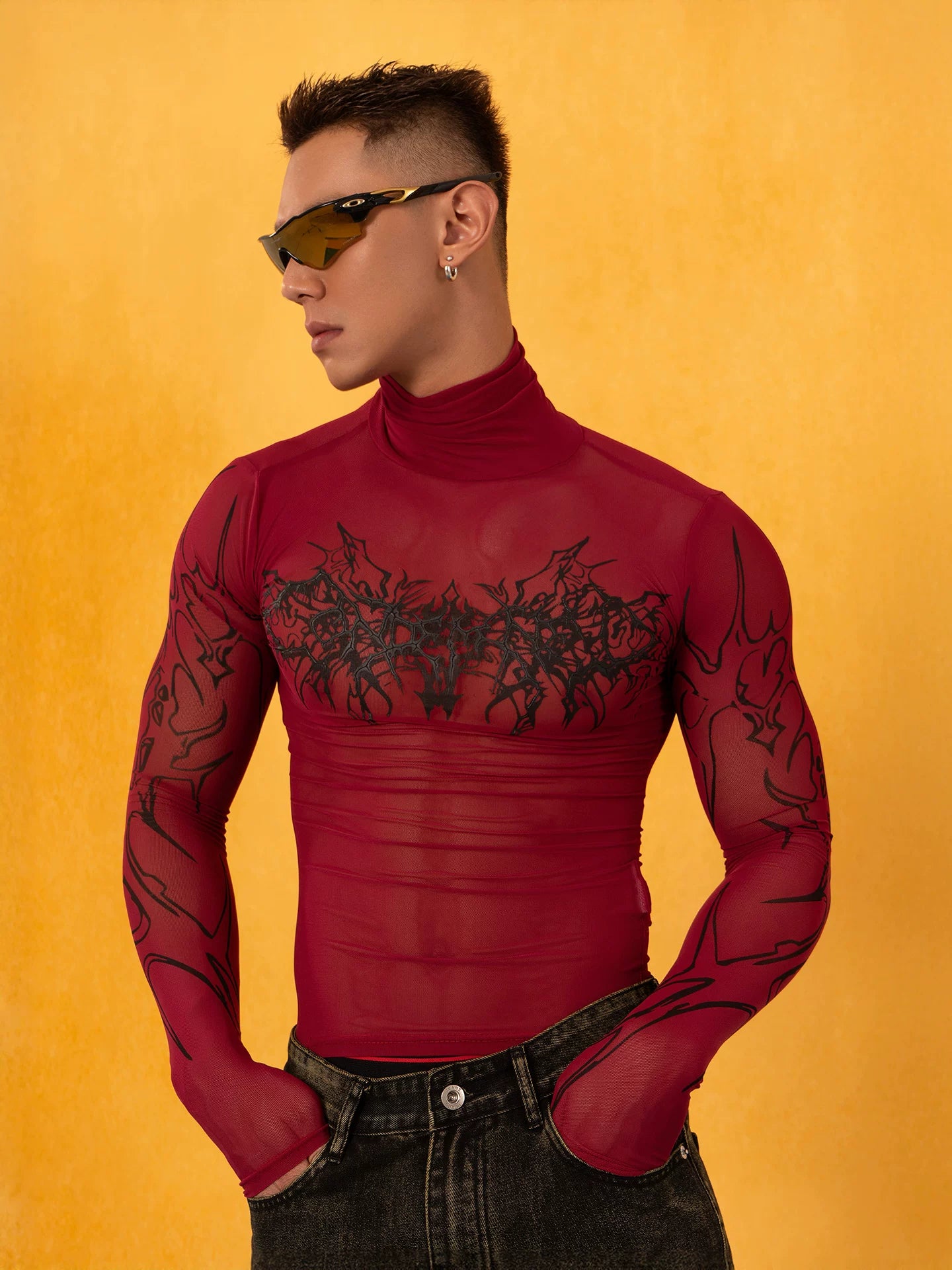 Y2K Cutout Sheer Mesh Turtleneck Tee