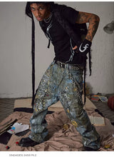 Relaxed Distressed Chain Digital Print Jeans