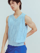 Blue Checkered Lace V-neck Cashmere Vest