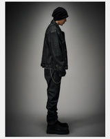 Dark Distressed Patchwork Relaxed Denim Jacket
