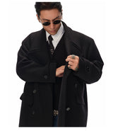 Men's Long Black Double-breasted Wool Coat