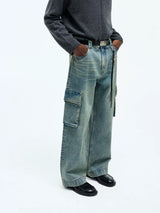 Washed Multi-pocket Straight Leg Cargo Jeans