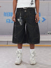 Bat Embroidered Double Waist Denim Shorts
