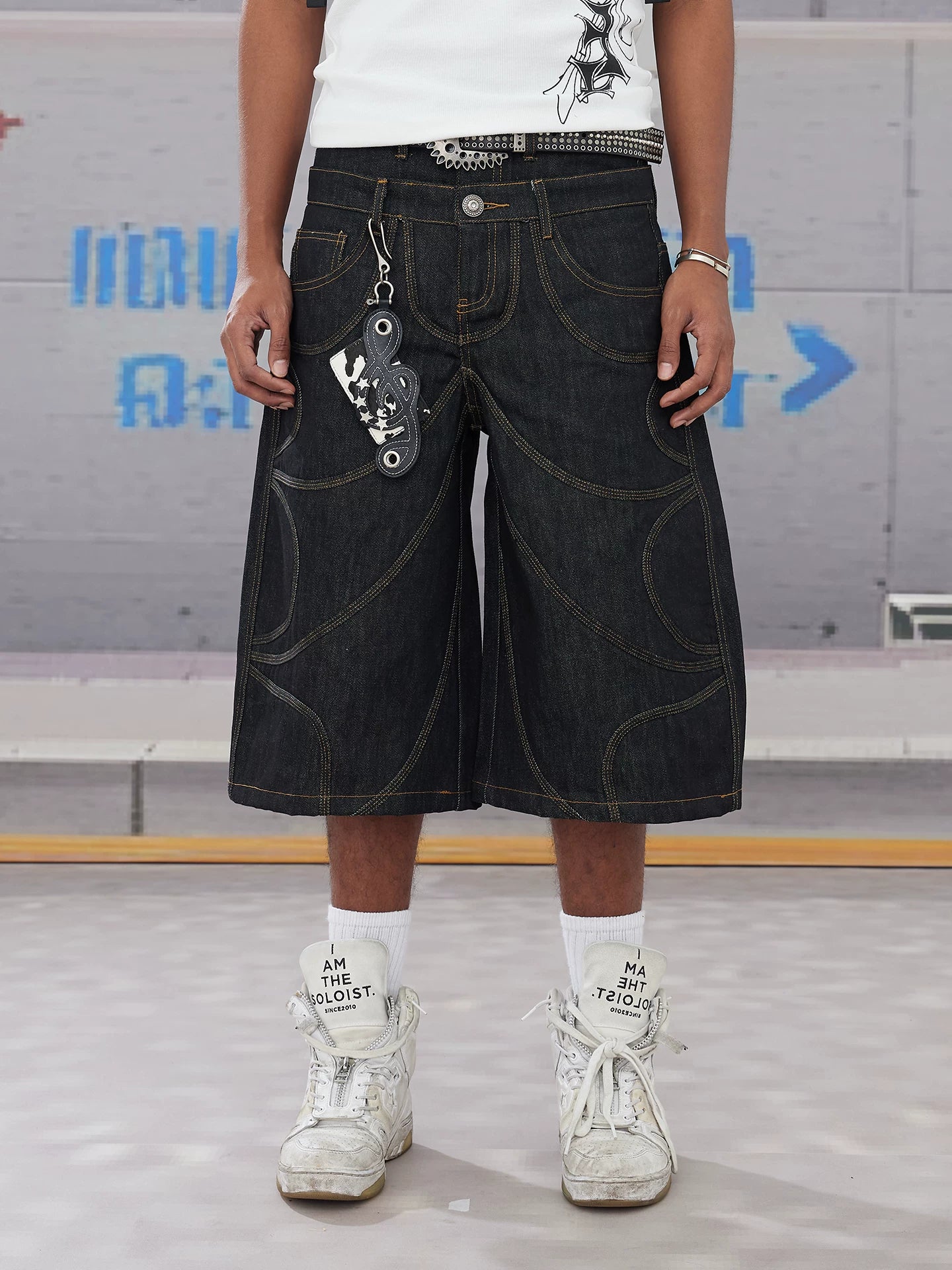 Bat Embroidered Double Waist Denim Shorts
