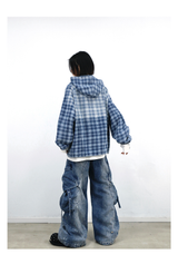 Gradient-Washed Plaid Stud Print Denim Hoodie