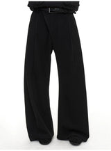 Slightly Curved Asymmetric Pleated Wool Pants