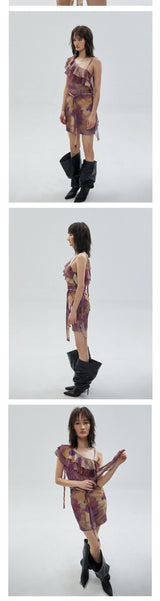 One-shoulder Vintage Lined Mesh Lace Dress