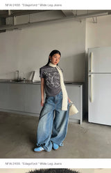 Wide Leg Cuffed Washed Jeans