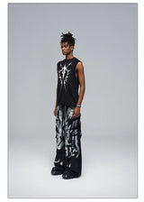 Stretchy Black Printed Ribbed Tank Top