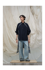 Washed Semi-Zip Relaxed Straight Leather-Patch Jeans