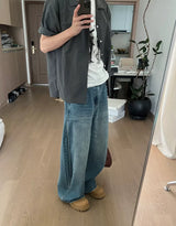 Wide Leg Cuffed Washed Jeans
