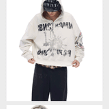Tri-color Washed Distressed Embroidered V-neck Hoodie