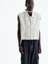 Heavy Distressed Denim Square-Collar Crop-Zip Vest
