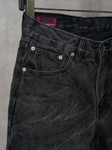 Distressed Washed Black Slub Straight Jeans