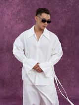 Men's Long-Sleeve Black-and-White Ruffled Sash Shirt