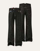 Washed Color-Blocked Floral Jacquard Flare Jeans