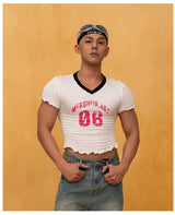 Red White Ruffled Cropped V-Neck Tee