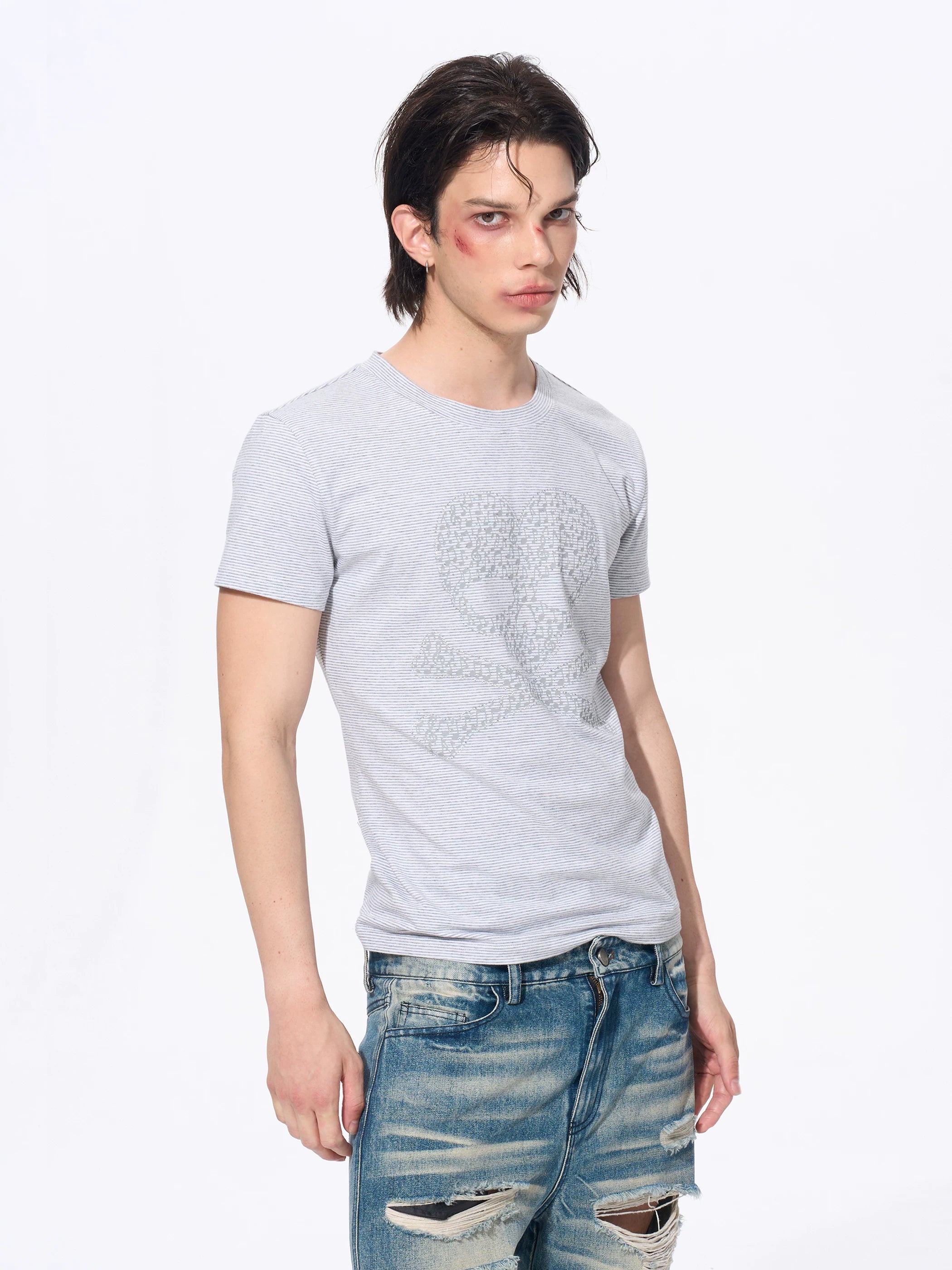 Men’s Rhinestone Skull Striped Tees