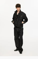 Washed Color-Blocked Floral Jacquard Flare Jeans