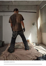 Black Washed Distressed Straight Flared Jeans