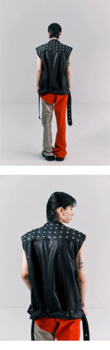 Punk Studded Wide-Shouldered Leather Vest