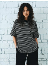 Black White Striped Cotton Silk T-Shirt