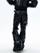 Black Loose Ruched Flare Leather Pants