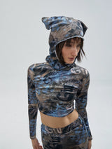 Cat Ear Print Y2K Crop Set