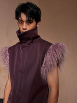 Y2K Fur-Sleeved High-Neck Zipper Vest