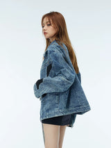Vintage Washed Two-Tone Mesh Denim Jacket