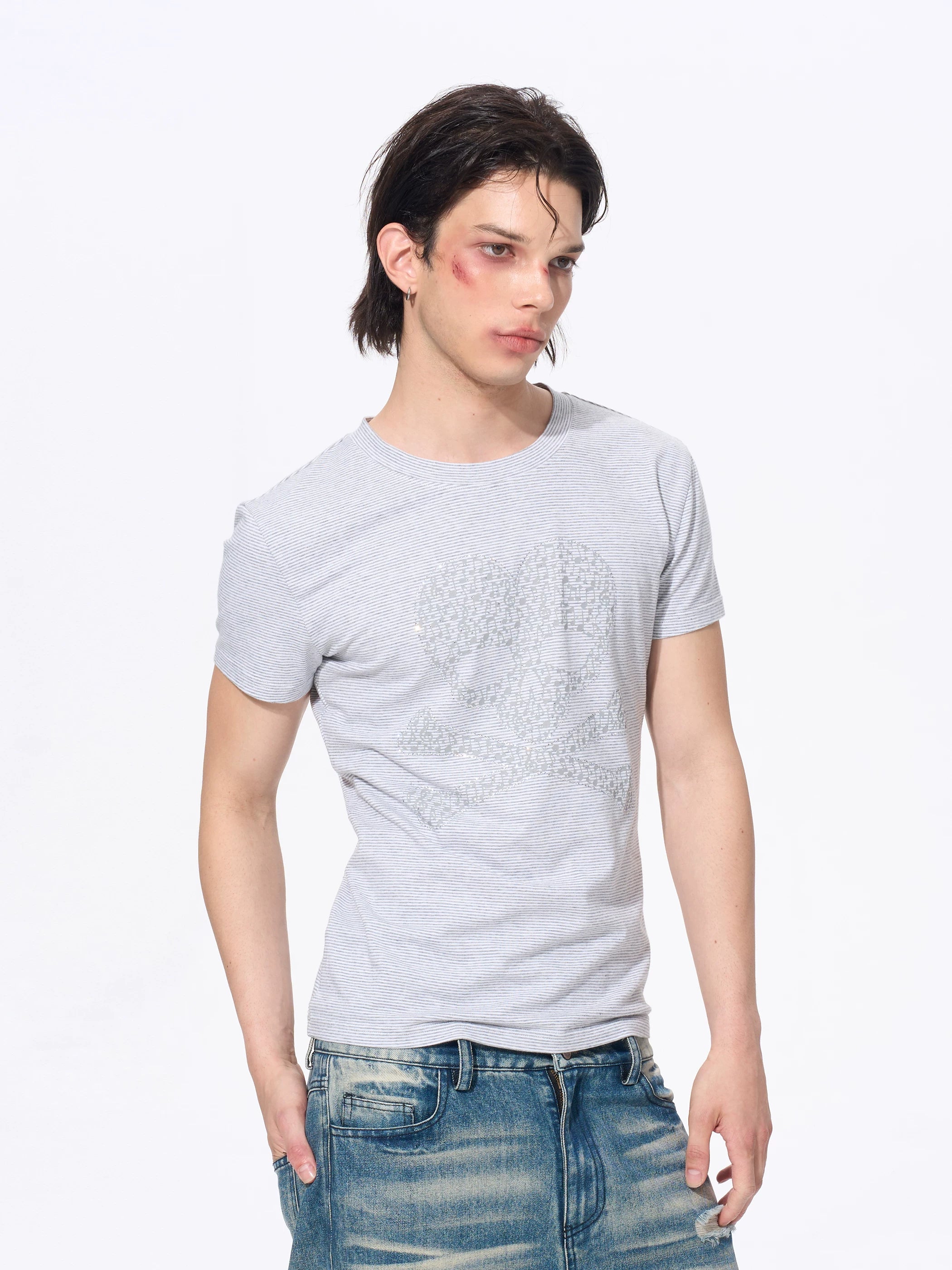 Men’s Rhinestone Skull Striped Tees