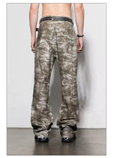 Rugged Distressed Camo Flare Cargo Pants