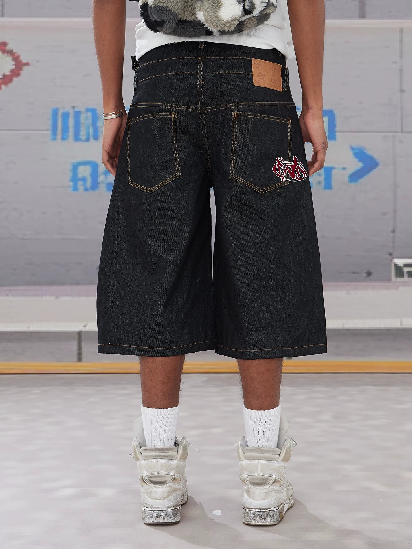 Bat Embroidered Double Waist Denim Shorts