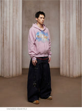Star Rhinestone Heart Print Zip Hoodie