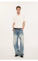Wheat Jacquard V-Neck Knit Polo Tee