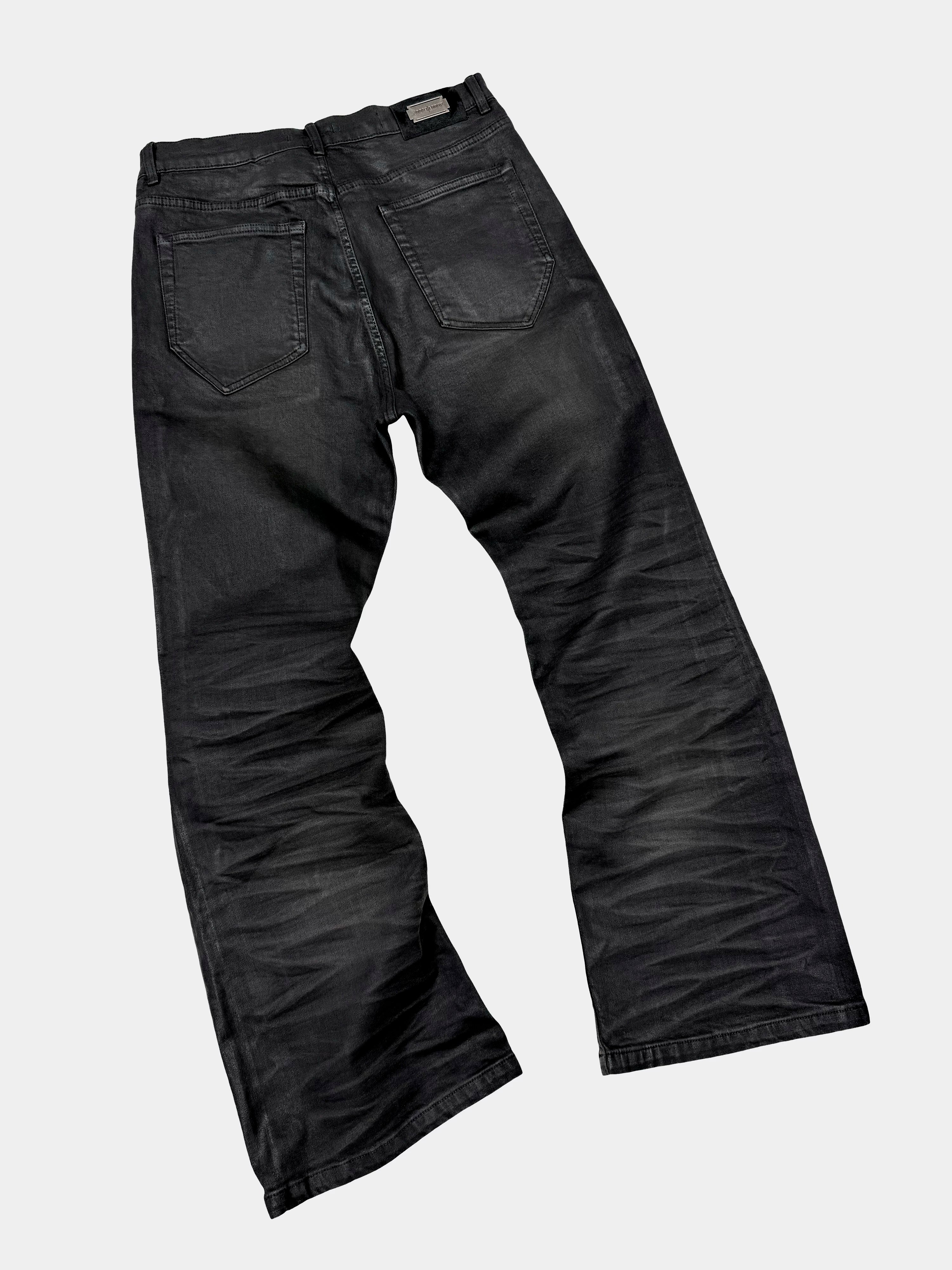 Washed Waxed Snakeskin Flared Jeans