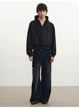 Relaxed Double Button Cross Neck Hoodie
