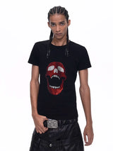 Demon Skull Rhinestone Print Crew Neck Tee