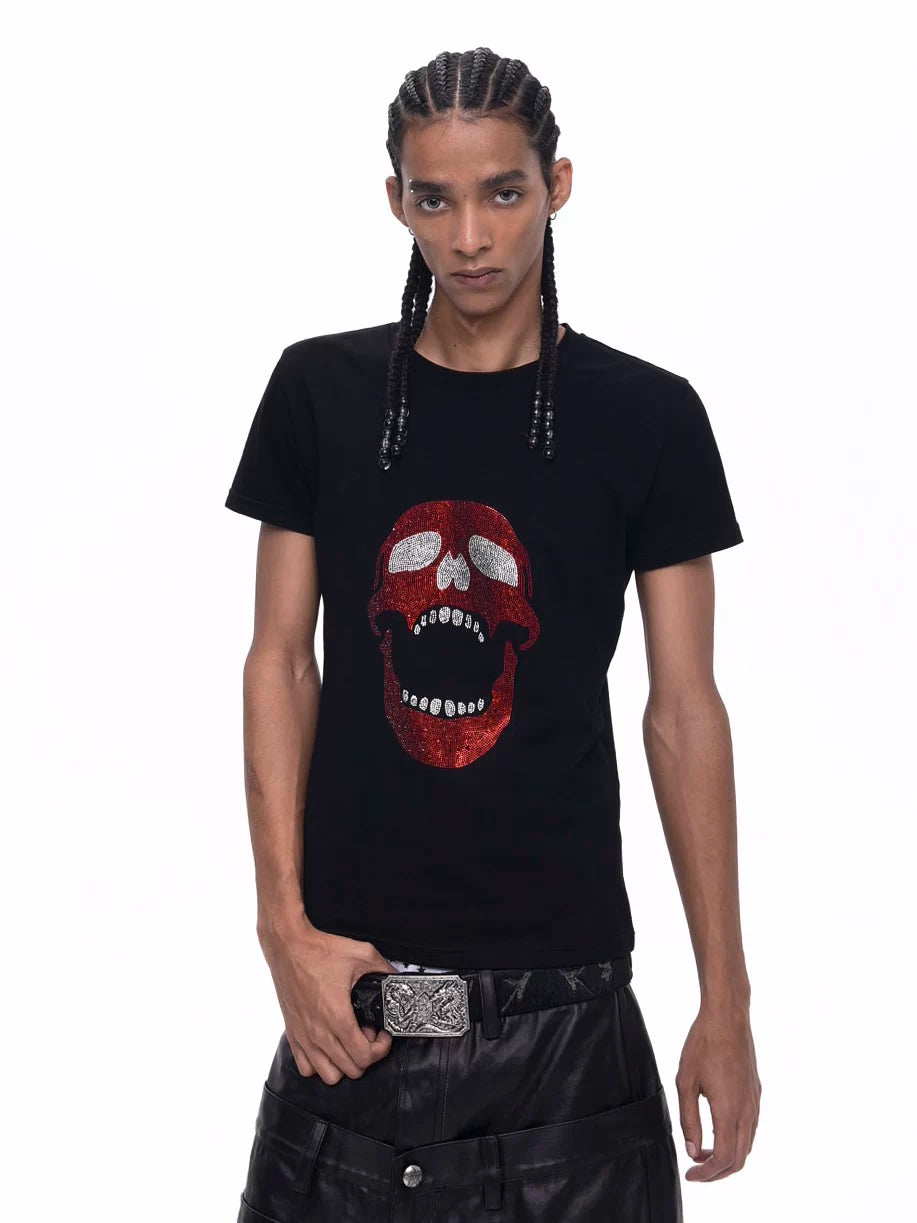 Demon Skull Rhinestone Print Crew Neck Tee