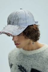 White Distressed Printed Long Brim Cap